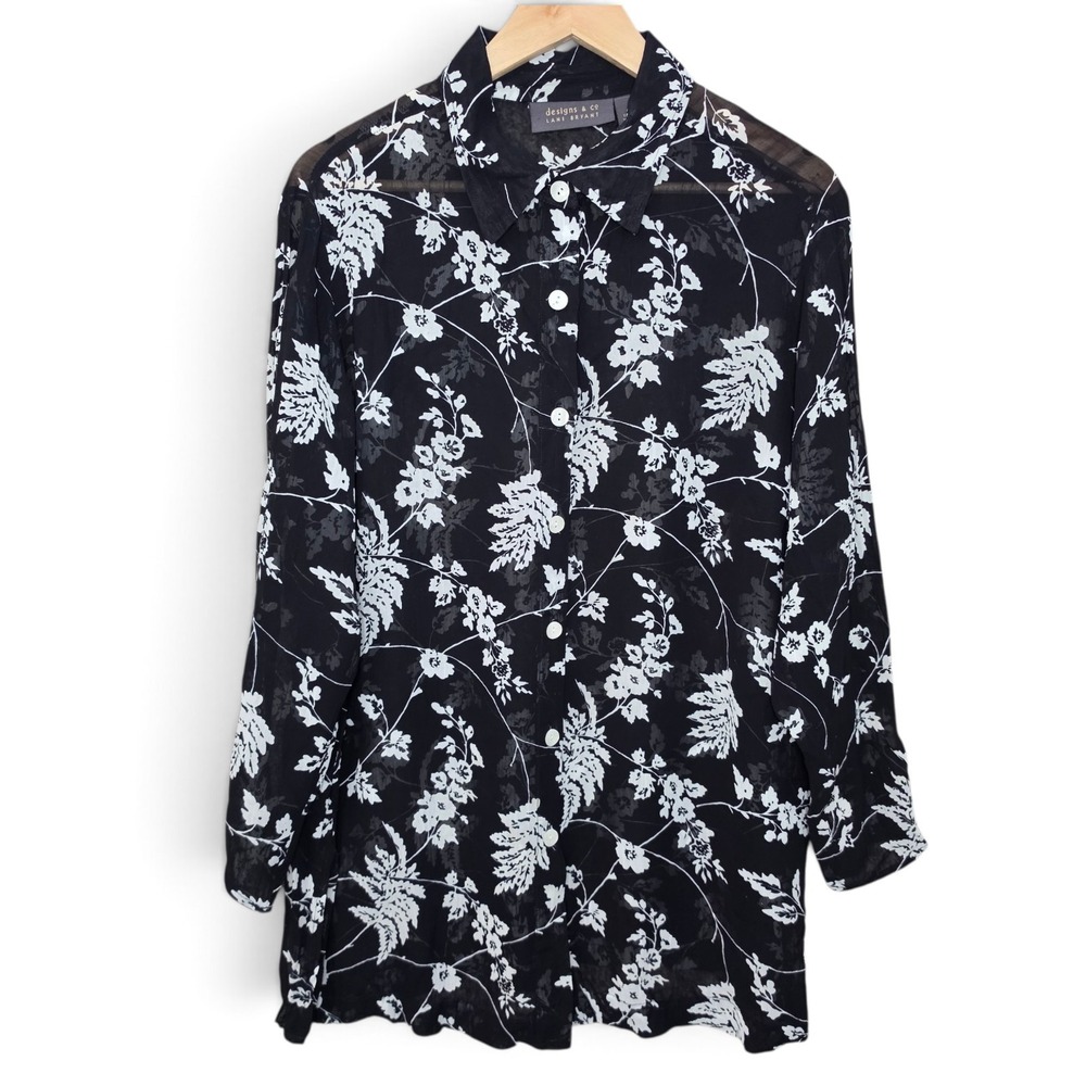 VTG Lane Bryant Blouse Womens Plus 14/16 Black Sheer Floral Button Front Top 90s